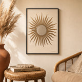 Bohemian Brass Sun Mirror Poster — Traditional brass sun mirror with radiating rays illustration, lifestyle in interior, Atelier Poster