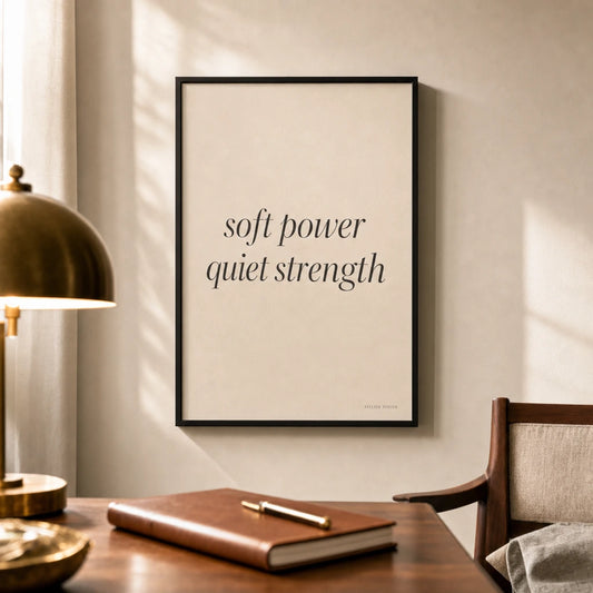 Soft Power Quiet Strength Poster — Two-line 'soft power quiet strength' italic charcoal leadership, lifestyle in interior, Atelier Poster