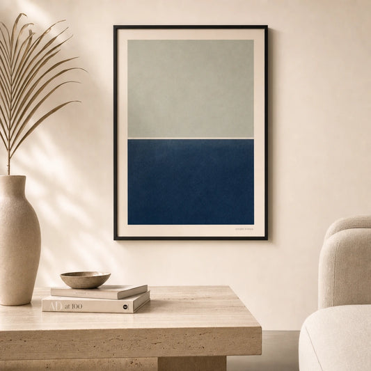Oversized Ocean Horizon Poster — Oversized ocean horizon navy and sage vast minimalist, lifestyle in interior, Atelier Poster