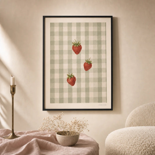 Cottagecore Strawberry Trio Poster — Three strawberries on gingham cottagecore aesthetic, lifestyle in interior, Atelier Poster