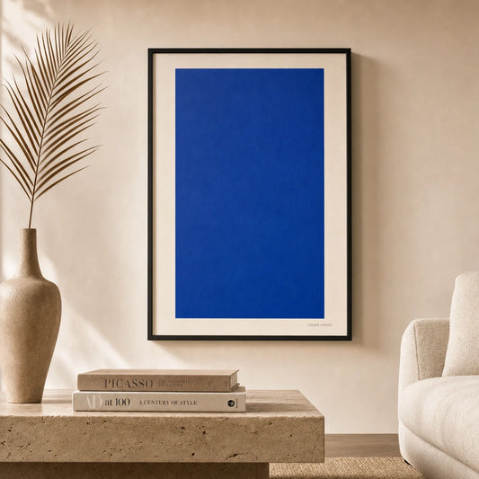 Oversized Cobalt Block Poster — Oversized single cobalt blue block statement minimalist, lifestyle in interior, Atelier Poster