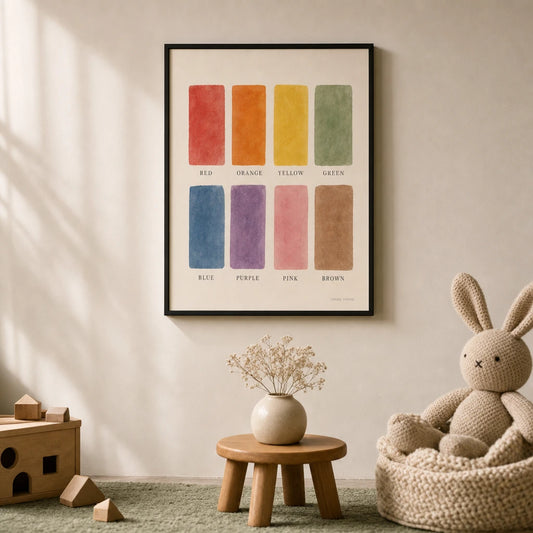 Colors Learning Poster — Eight color swatches with serif names soft watercolor, lifestyle in interior, Atelier Poster