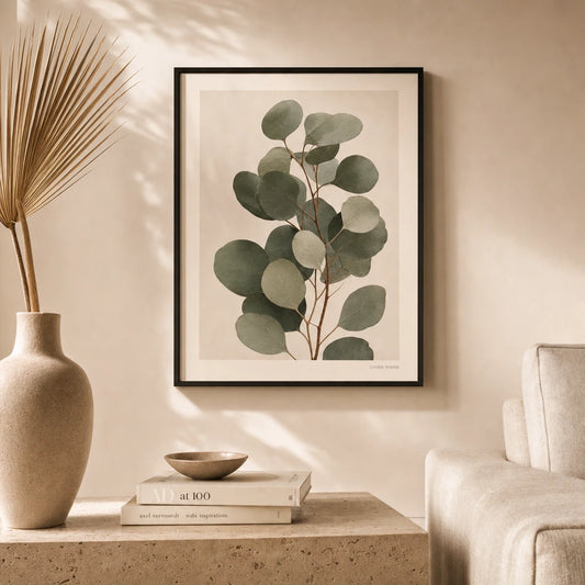 Oversized Eucalyptus Branch Poster — Oversized eucalyptus branch in soft sage and silver modern, lifestyle in interior, Atelier Poster