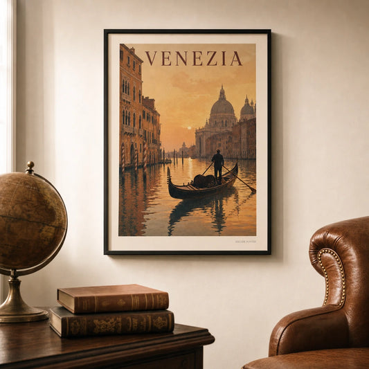 Venice Gondola Sunset Poster — Mid-century Venice gondola at sunset on Grand Canal, lifestyle in interior, Atelier Poster