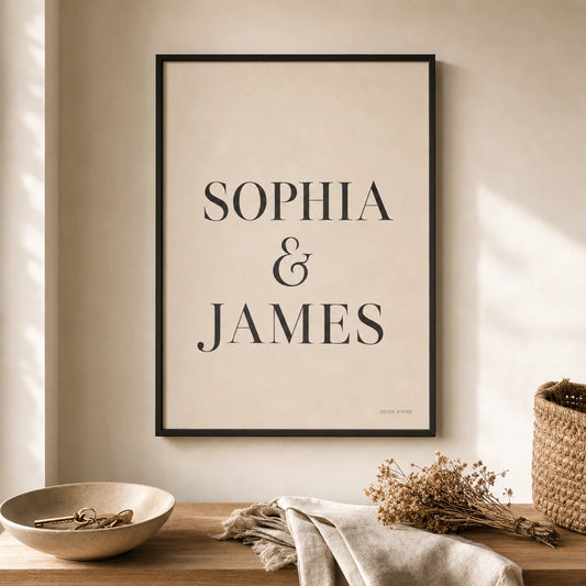 Couple Names Custom Poster — Custom couple's first names with elegant ampersand serif, lifestyle in interior, Atelier Poster