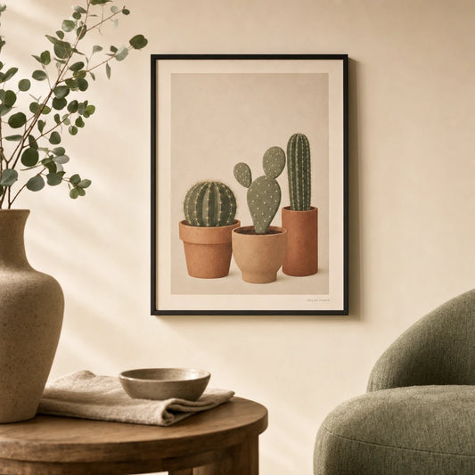 Cactus Family Trio Poster — Three small cacti in muted sage and soft terracotta tones, lifestyle in interior, Atelier Poster