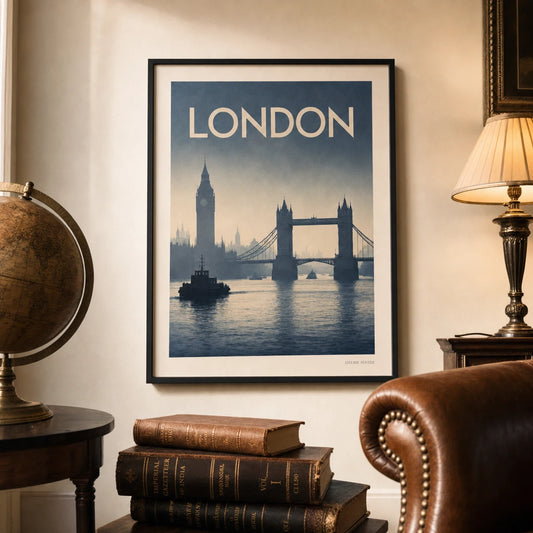 London Foggy Skyline Poster — 1920s London Tower Bridge and Big Ben in soft Thames fog, lifestyle in interior, Atelier Poster