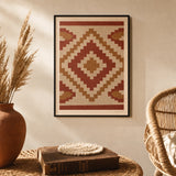 Kilim Pattern Detail Poster — Turkish kilim stepped diamonds in warm red and ochre, lifestyle in interior, Atelier Poster