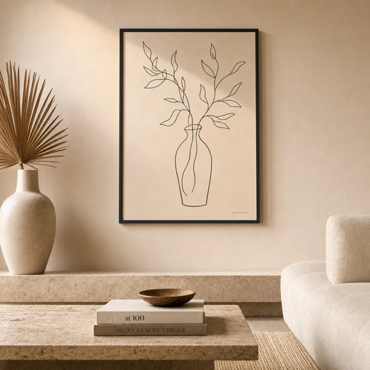 Oversized Vase Branches Poster — Oversized vase with branches continuous black line still life, lifestyle in interior, Atelier Poster