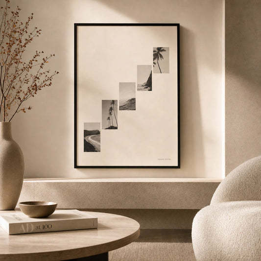 Stairwell Vintage Photos Gallery Poster — Five vintage photo stairwell ascending monochrome gallery, lifestyle in interior, Atelier Poster