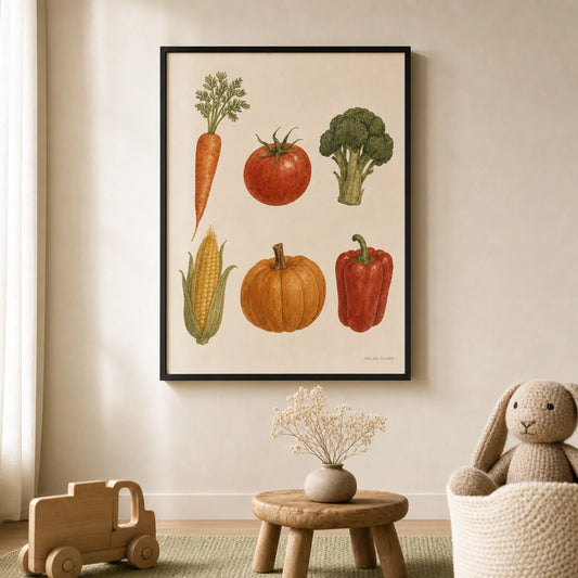 Garden Vegetables Poster — Six garden vegetables carrot tomato broccoli watercolor tones, lifestyle in interior, Atelier Poster