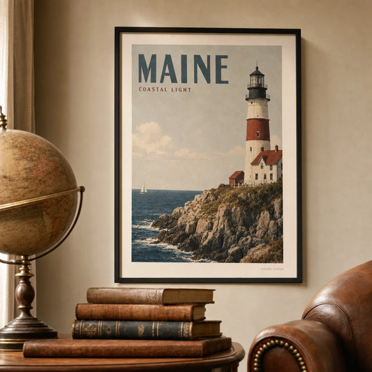 Maine Coastal Lighthouse Poster — 1940s Maine coastal lighthouse on rocky promontory, lifestyle in interior, Atelier Poster