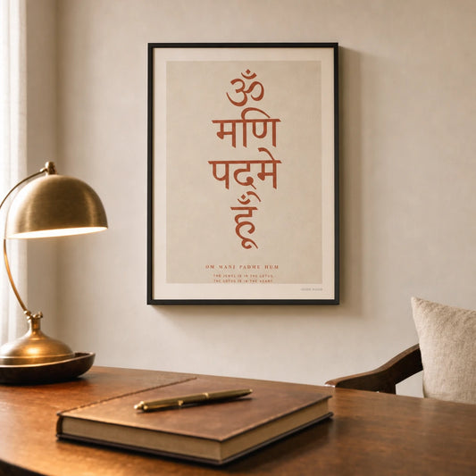 Om Mani Padme Hum Poster — Sanskrit Om Mani Padme Hum mantra in elegant Devanagari, lifestyle in interior, Atelier Poster