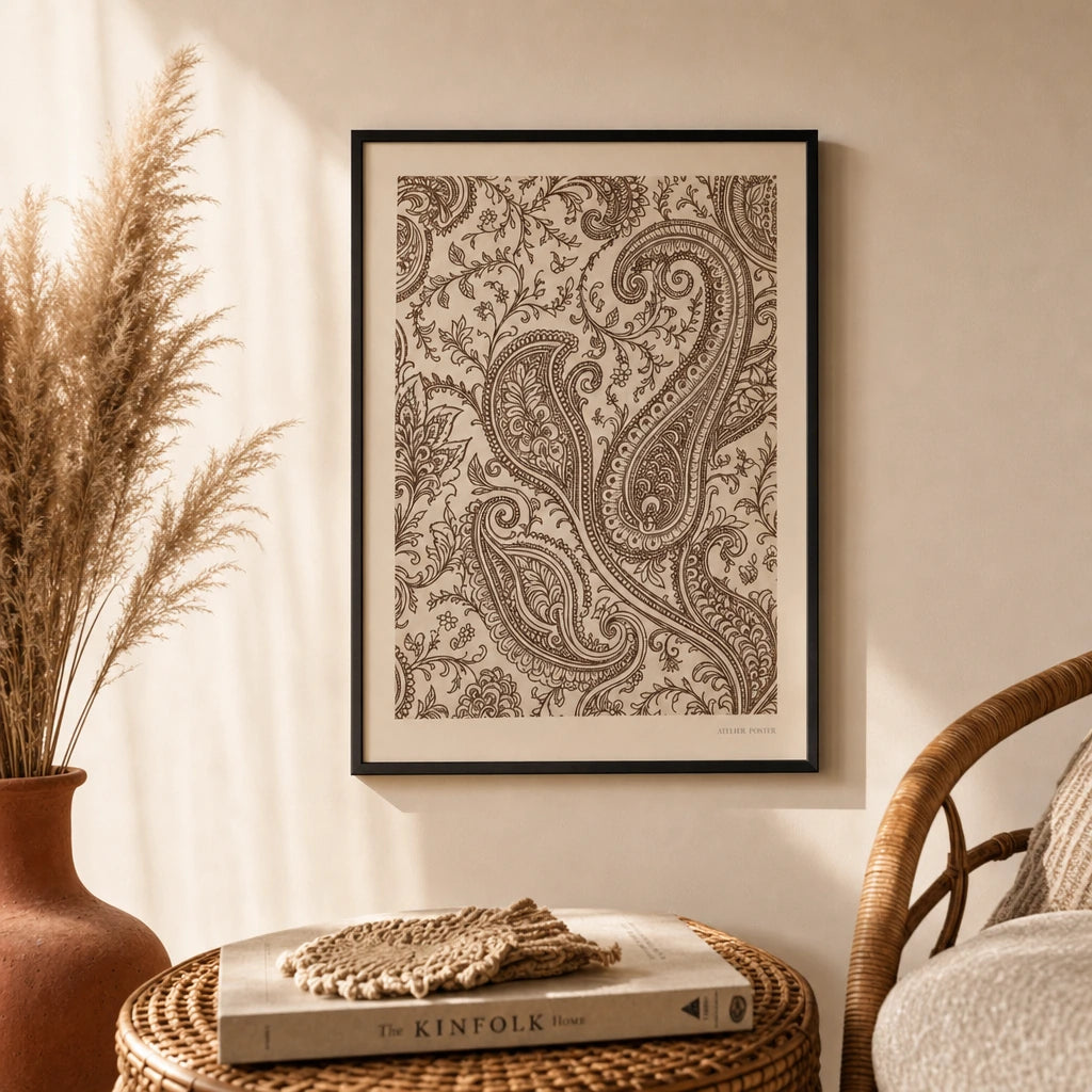 Hand-Drawn Henna Detail Poster — Hand-drawn henna paisley and vine pattern in deep umber, lifestyle in interior, Atelier Poster