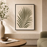 Palm Frond Single Poster — Single tall palm frond in muted olive and sage tones, lifestyle in interior, Atelier Poster