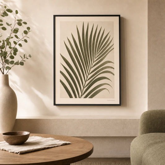 Palm Frond Single Poster — Single tall palm frond in muted olive and sage tones, lifestyle in interior, Atelier Poster