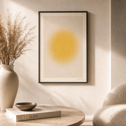 Butter Yellow Sun Poster — Soft butter yellow sun on cream gentle pastel minimalist, lifestyle in interior, Atelier Poster
