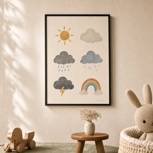 Weather Patterns Poster — Six weather patterns sun rain rainbow soft watercolor tones, lifestyle in interior, Atelier Poster