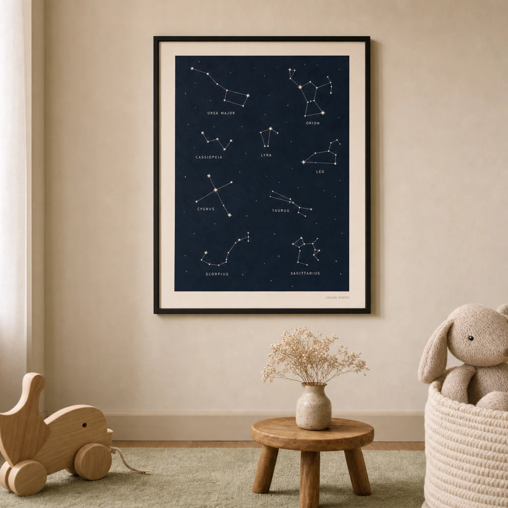 Constellations Night Sky Poster — Eight major constellations on deep navy night sky, lifestyle in interior, Atelier Poster