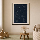 Constellations Night Sky Poster — Eight major constellations on deep navy night sky, lifestyle in interior, Atelier Poster