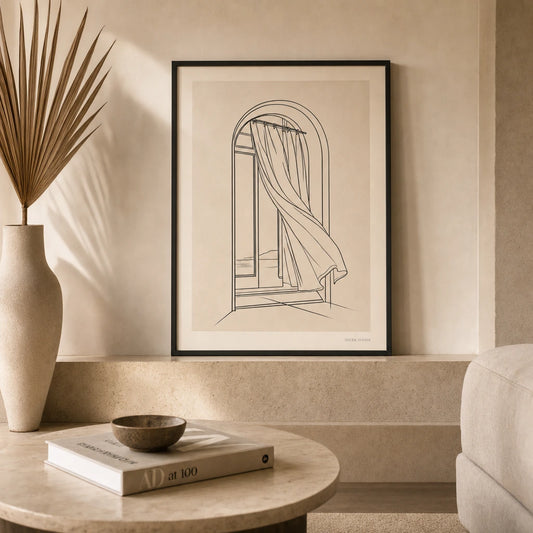 Oversized Window Light Poster — Oversized arched window curtain continuous line interior, lifestyle in interior, Atelier Poster