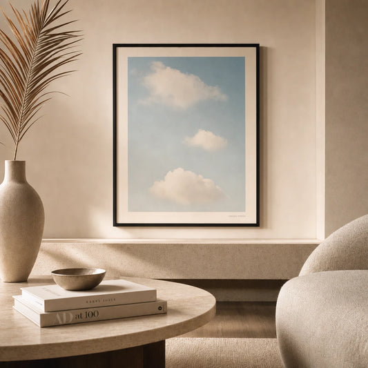 Oversized Sky Cloud Poster — Oversized minimalist sky with three soft clouds vast blue, lifestyle in interior, Atelier Poster