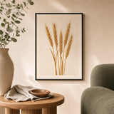 Wheat Stalks Poster — Five tall golden wheat stalks gathered upright on cream, lifestyle in interior, Atelier Poster