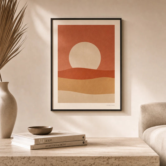 Oversized Desert Sunset Poster — Oversized desert sunset abstract landscape warm horizon, lifestyle in interior, Atelier Poster