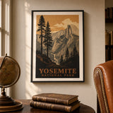 Yosemite Valley WPA Poster — WPA-style Yosemite Half Dome illustration in warm ochre, lifestyle in interior, Atelier Poster