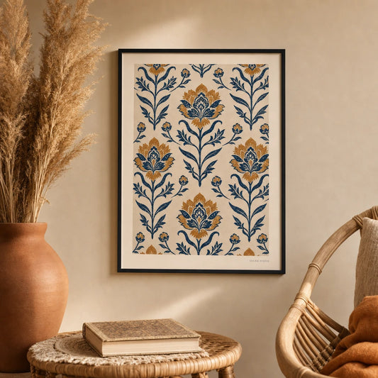 Block Print Florals Poster — Jaipur block-print florals in warm ochre and indigo, lifestyle in interior, Atelier Poster