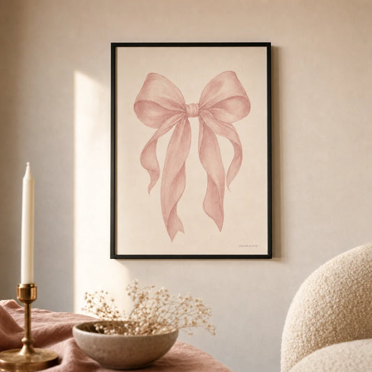 Coquette Bow Pink Poster — Single oversized pale pink bow on cream coquette aesthetic, lifestyle in interior, Atelier Poster