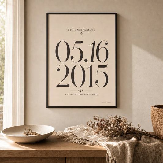 Anniversary Date Custom Poster — Personalized anniversary date elegant Playfair serif milestone, lifestyle in interior, Atelier Poster