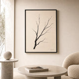 Single Tree Branch Poster — Single-line bare tree branch in calligraphic black ink, lifestyle in interior, Atelier Poster