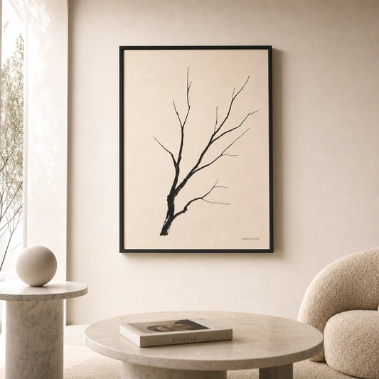 Single Tree Branch Poster — Single-line bare tree branch in calligraphic black ink, lifestyle in interior, Atelier Poster