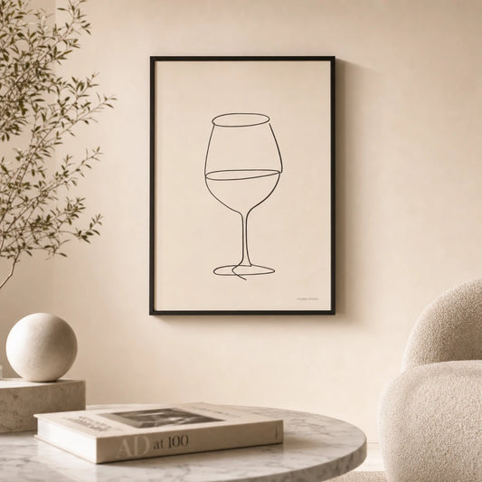 Wine Glass Line Poster — Single-line wine glass with implied liquid level, lifestyle in interior, Atelier Poster