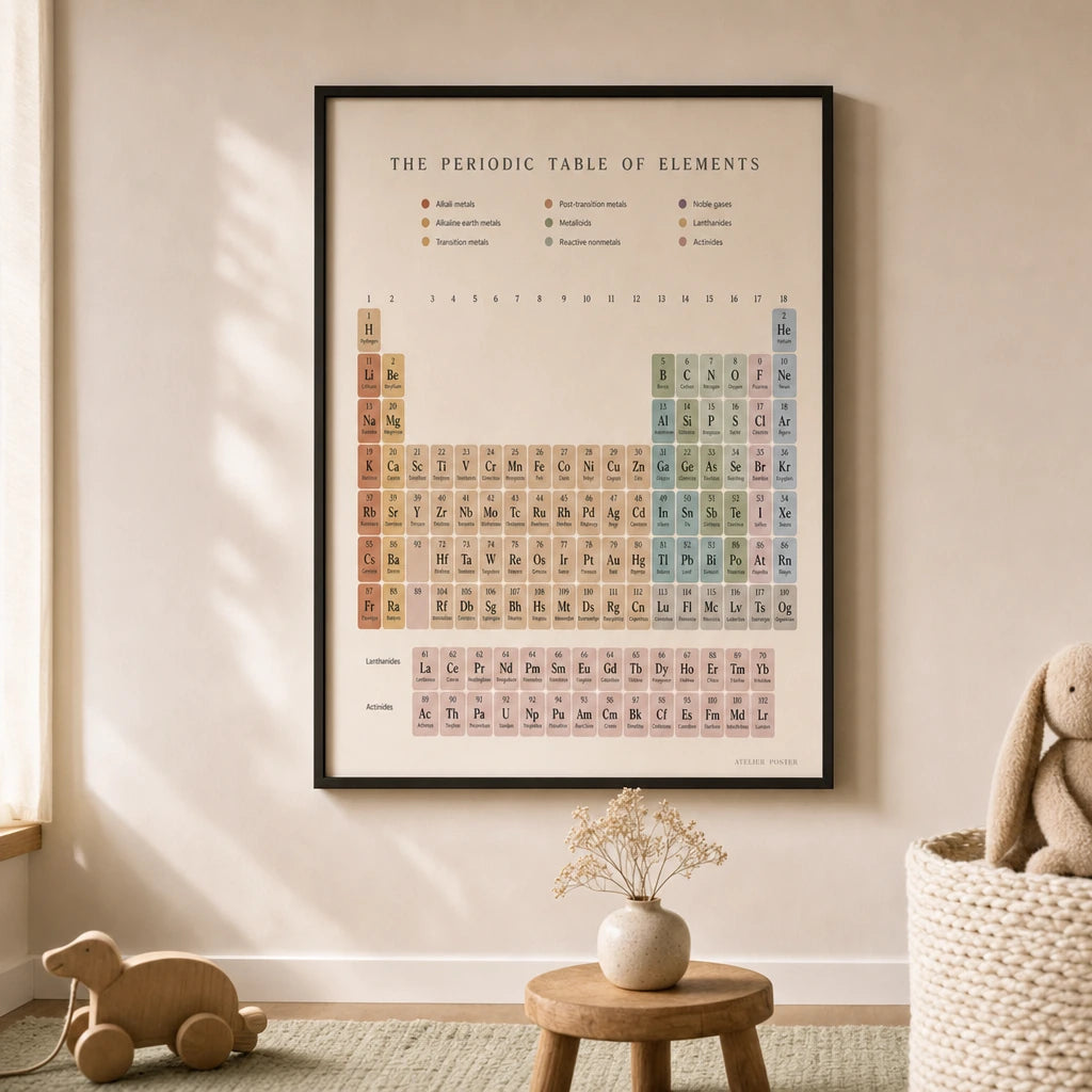 Periodic Table Kids Poster — Periodic table of elements in warm cream and pastel coding, lifestyle in interior, Atelier Poster