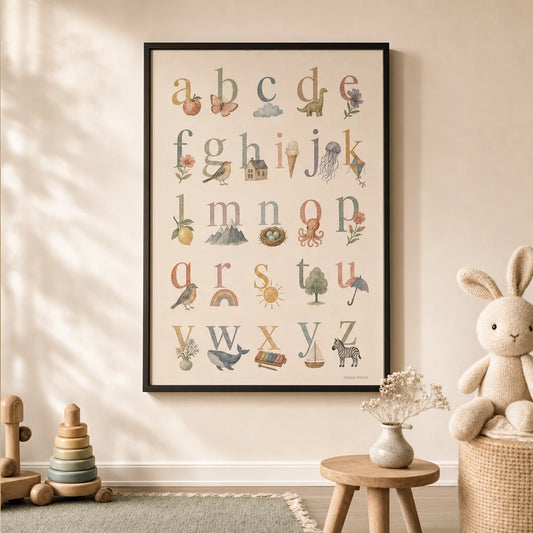 Pastel Alphabet Lowercase Poster — Pastel lowercase alphabet with illustrated motif per letter, lifestyle in interior, Atelier Poster