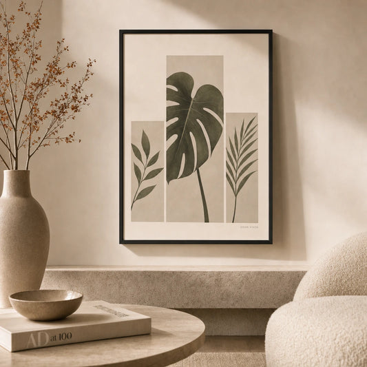 Statement Botanical Flanking Gallery Poster — Statement monstera with two flanking botanical sage set, lifestyle in interior, Atelier Poster