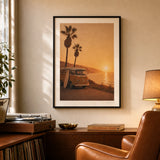 70s California Surf Poster — 1970s California VW van surfboard palms golden sunset, lifestyle in interior, Atelier Poster