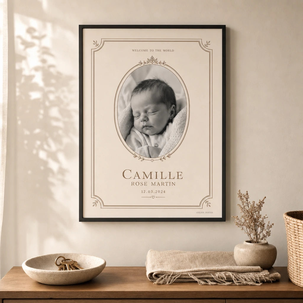 Baby First Photo Frame Poster — Personalized baby first photo elegant typographic frame, lifestyle in interior, Atelier Poster