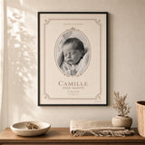 Baby First Photo Frame Poster — Personalized baby first photo elegant typographic frame, lifestyle in interior, Atelier Poster