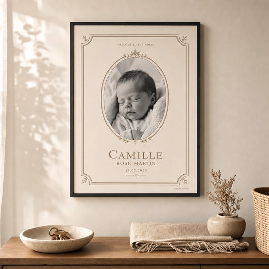 Baby First Photo Frame Poster — Personalized baby first photo elegant typographic frame, lifestyle in interior, Atelier Poster