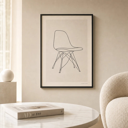 Chair Line Drawing Poster — Single-line modernist chair silhouette in thin black, lifestyle in interior, Atelier Poster