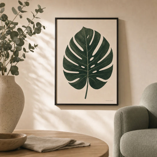 Monstera Leaf Cream Poster — Single oversized monstera leaf in deep tropical green, lifestyle in interior, Atelier Poster