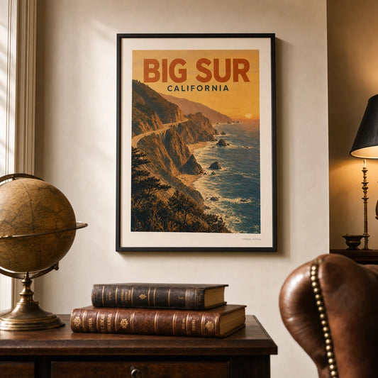 Big Sur California Coast Poster — 1960s Big Sur California coastal cliffs at sunset, lifestyle in interior, Atelier Poster