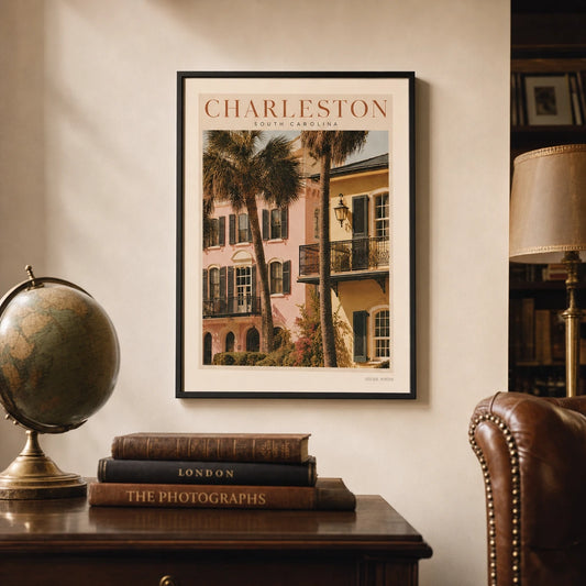Charleston Southern Coast Poster — Mid-century Charleston row houses with palm trees, lifestyle in interior, Atelier Poster