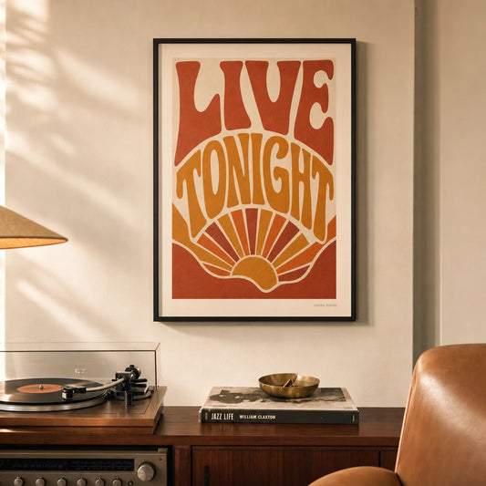 Vintage Rock Concert 60s Poster — 1960s rock concert Fillmore West psychedelic lettering warm, lifestyle in interior, Atelier Poster