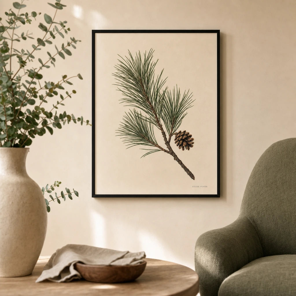 Pine Branch Winter Poster — Single pine branch with one small pinecone on cream, lifestyle in interior, Atelier Poster