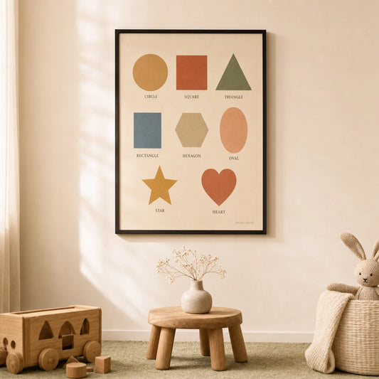 Shapes Learning Poster — Eight geometric shapes labeled in warm pastel tones, lifestyle in interior, Atelier Poster