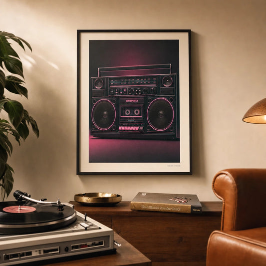 Neon Boombox 80s Poster — Vintage 1980s neon boombox hip-hop golden era cassette deck, lifestyle in interior, Atelier Poster